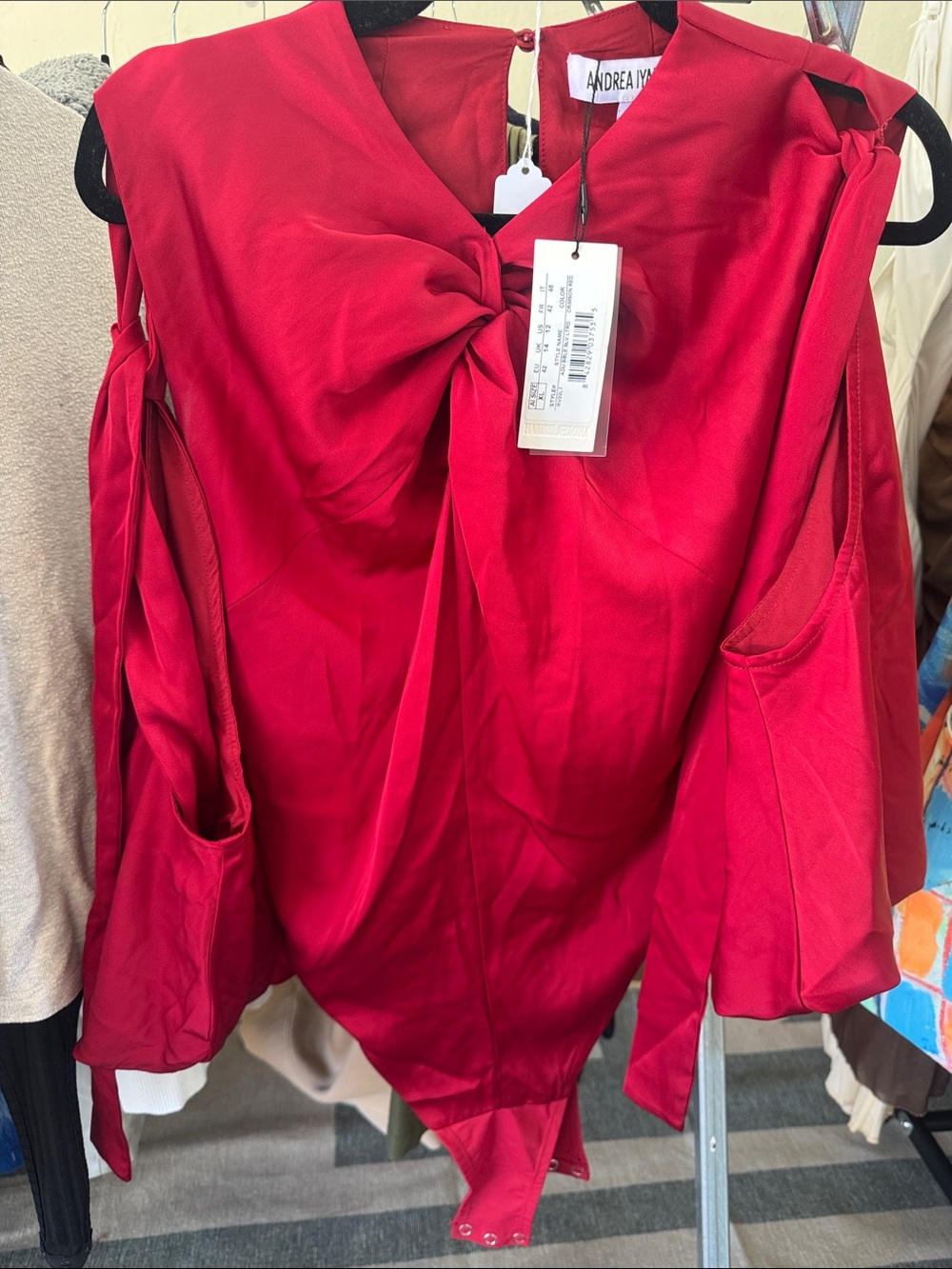 Andrea Iyamah Red Twist-Front Long-Sleeve Bodysuit